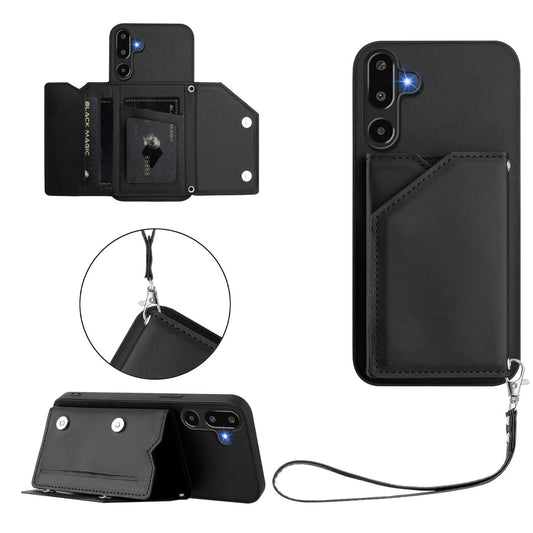 For Samsung Galaxy F16 5G / Galaxy M16 5G Case Card Holder Kickstand Skin-Touch Phone Cover with Wrist Strap - Black