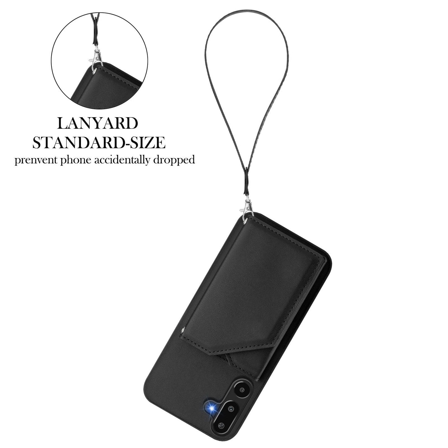 For Samsung Galaxy F16 5G / Galaxy M16 5G Case Card Holder Kickstand Skin-Touch Phone Cover with Wrist Strap - Black