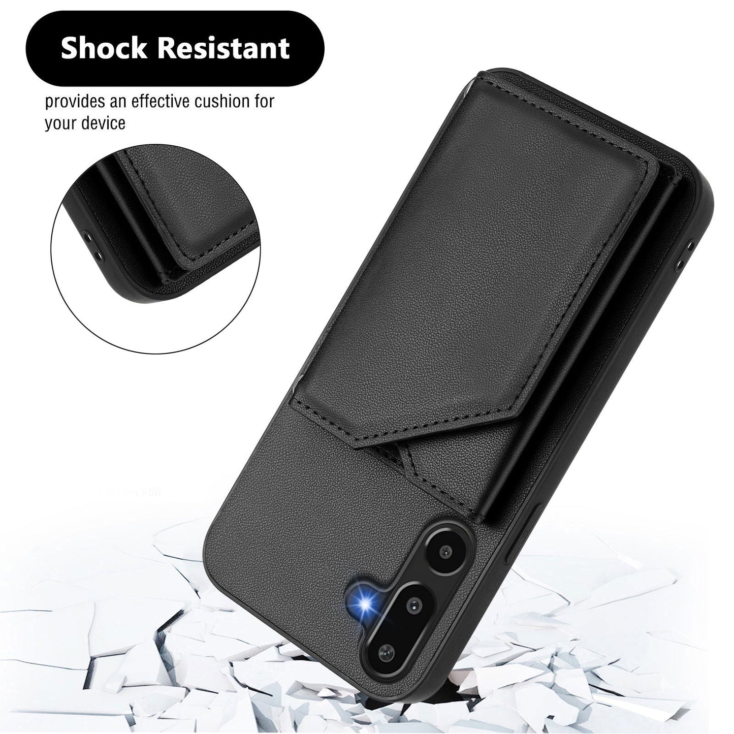 For Samsung Galaxy F16 5G / Galaxy M16 5G Case Card Holder Kickstand Skin-Touch Phone Cover with Wrist Strap - Black