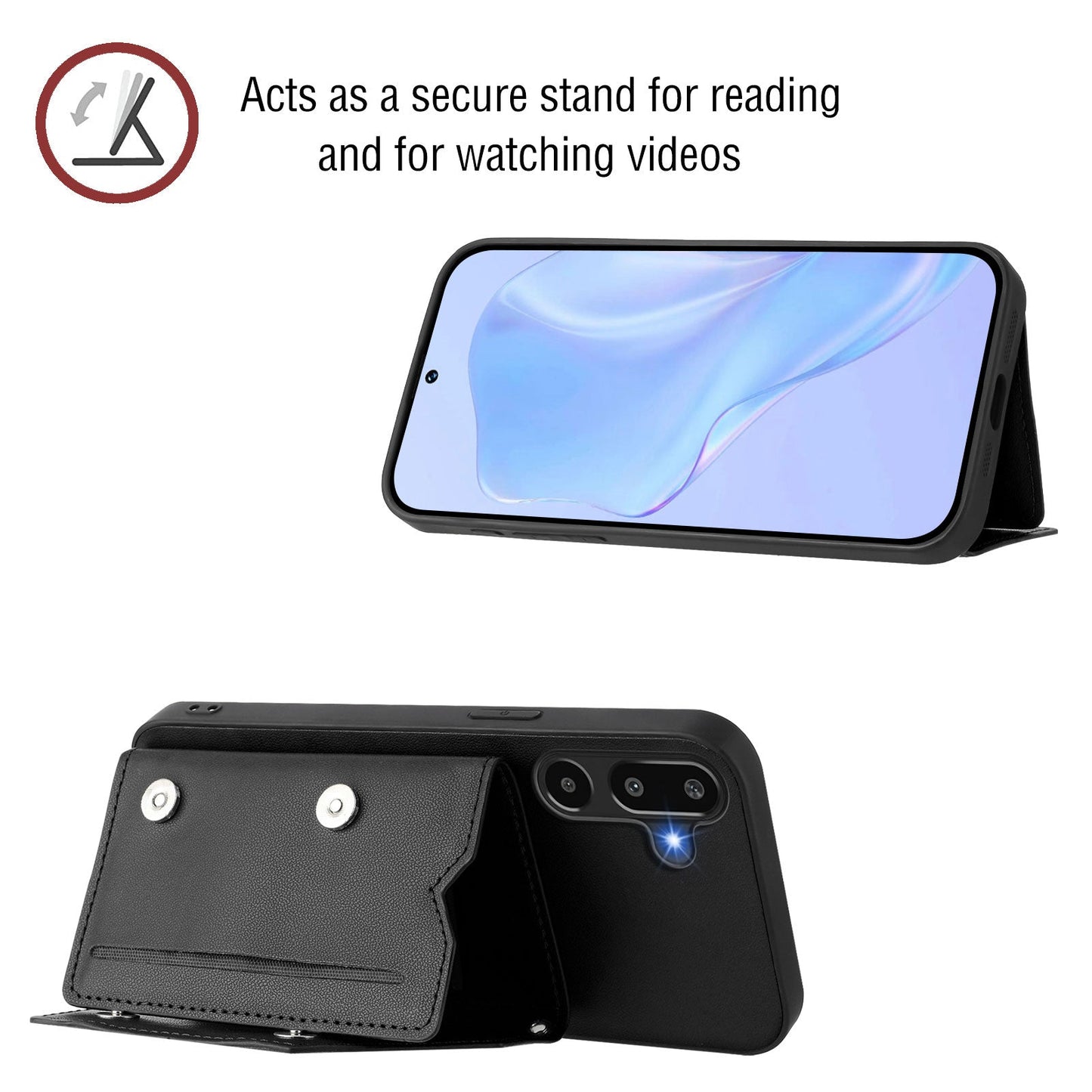 For Samsung Galaxy F16 5G / Galaxy M16 5G Case Card Holder Kickstand Skin-Touch Phone Cover with Wrist Strap - Black