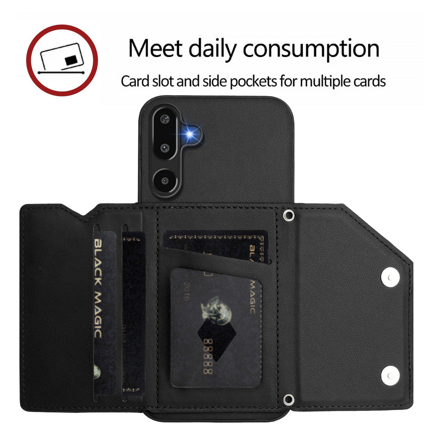 For Samsung Galaxy F16 5G / Galaxy M16 5G Case Card Holder Kickstand Skin-Touch Phone Cover with Wrist Strap - Black