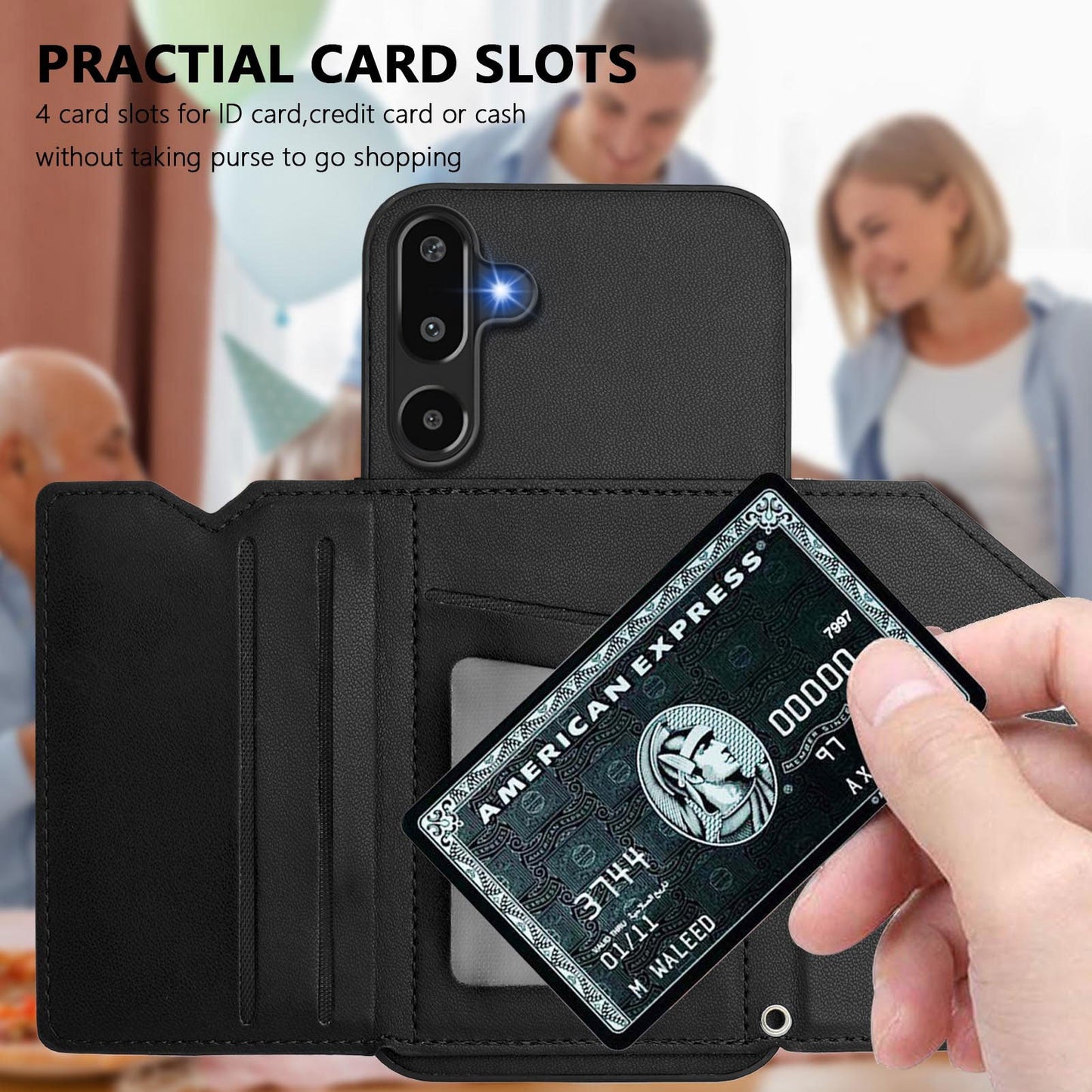 For Samsung Galaxy F16 5G / Galaxy M16 5G Case Card Holder Kickstand Skin-Touch Phone Cover with Wrist Strap - Black