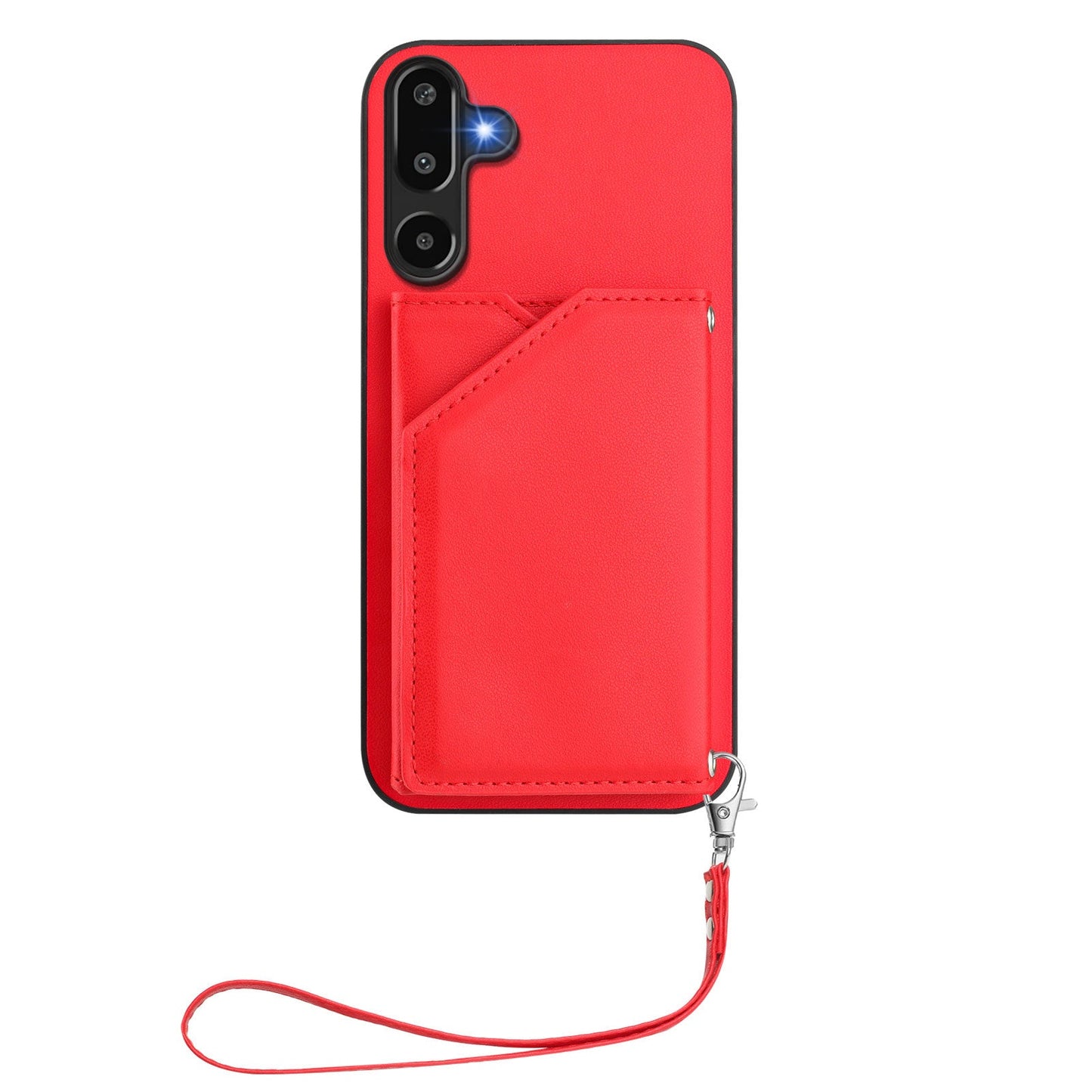 For Samsung Galaxy F16 5G / Galaxy M16 5G Case Card Holder Kickstand Skin-Touch Phone Cover with Wrist Strap - Red
