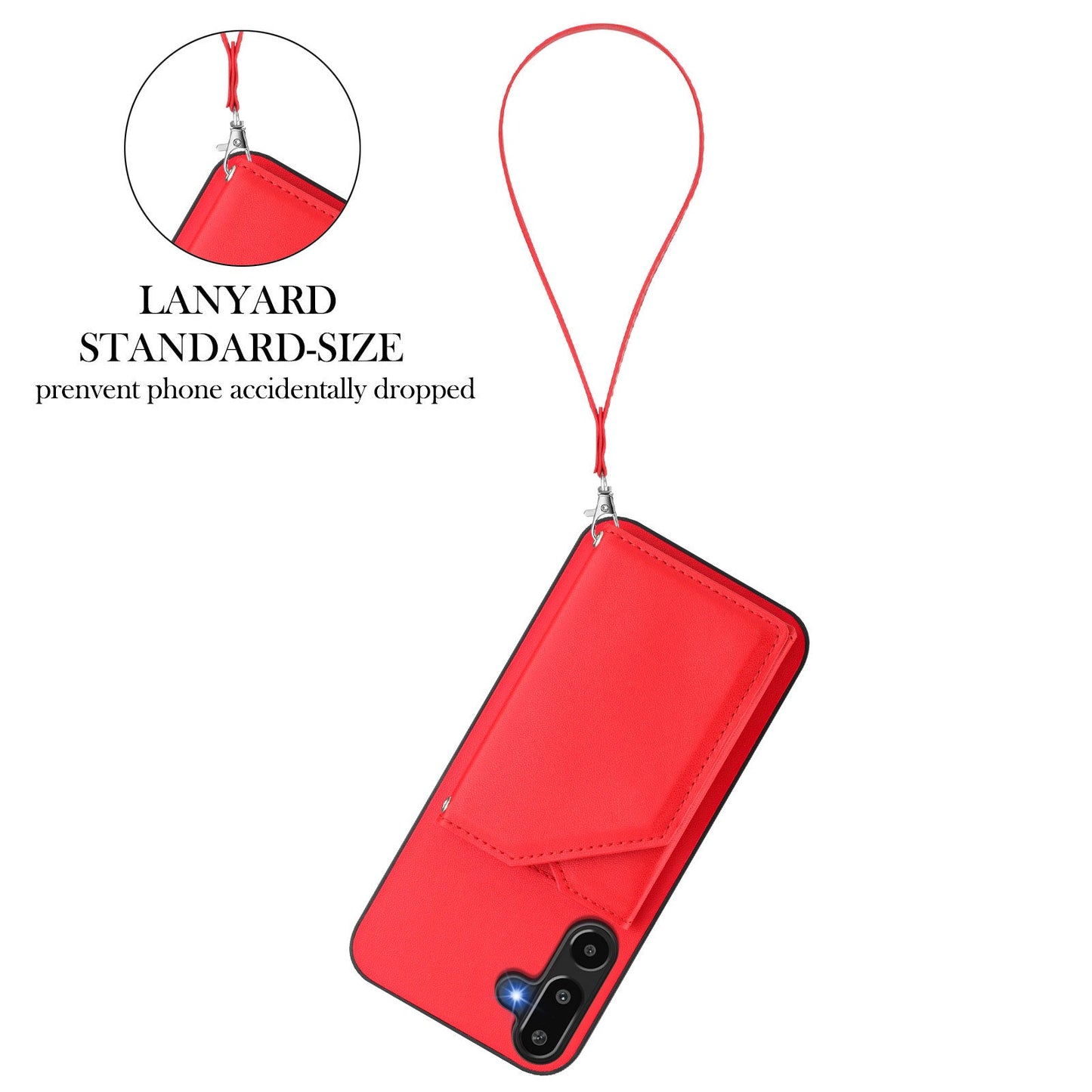 For Samsung Galaxy F16 5G / Galaxy M16 5G Case Card Holder Kickstand Skin-Touch Phone Cover with Wrist Strap - Red
