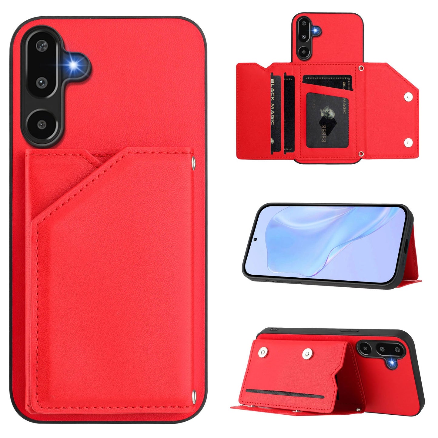 For Samsung Galaxy F16 5G / Galaxy M16 5G Case Card Holder Kickstand Skin-Touch Phone Cover with Wrist Strap - Red
