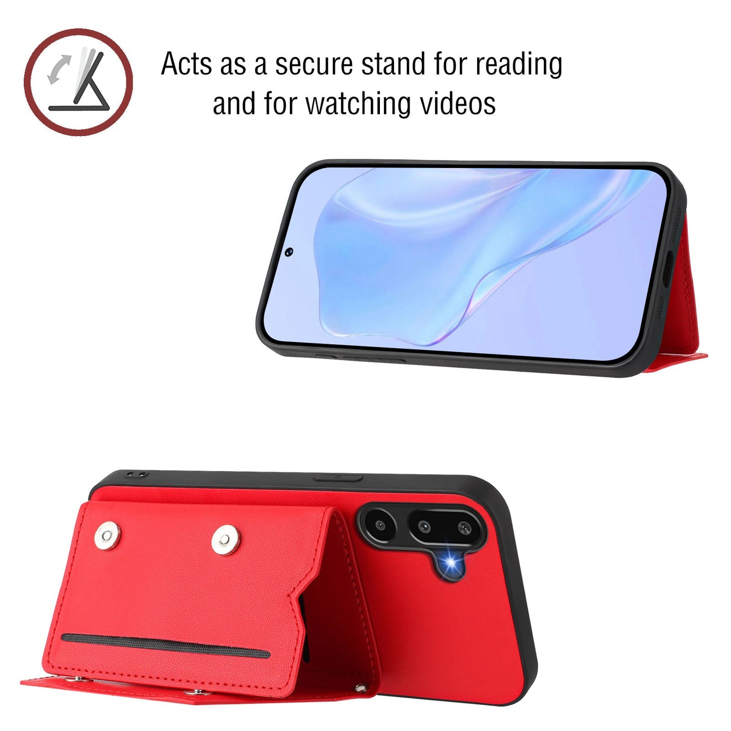 For Samsung Galaxy F16 5G / Galaxy M16 5G Case Card Holder Kickstand Skin-Touch Phone Cover with Wrist Strap - Red