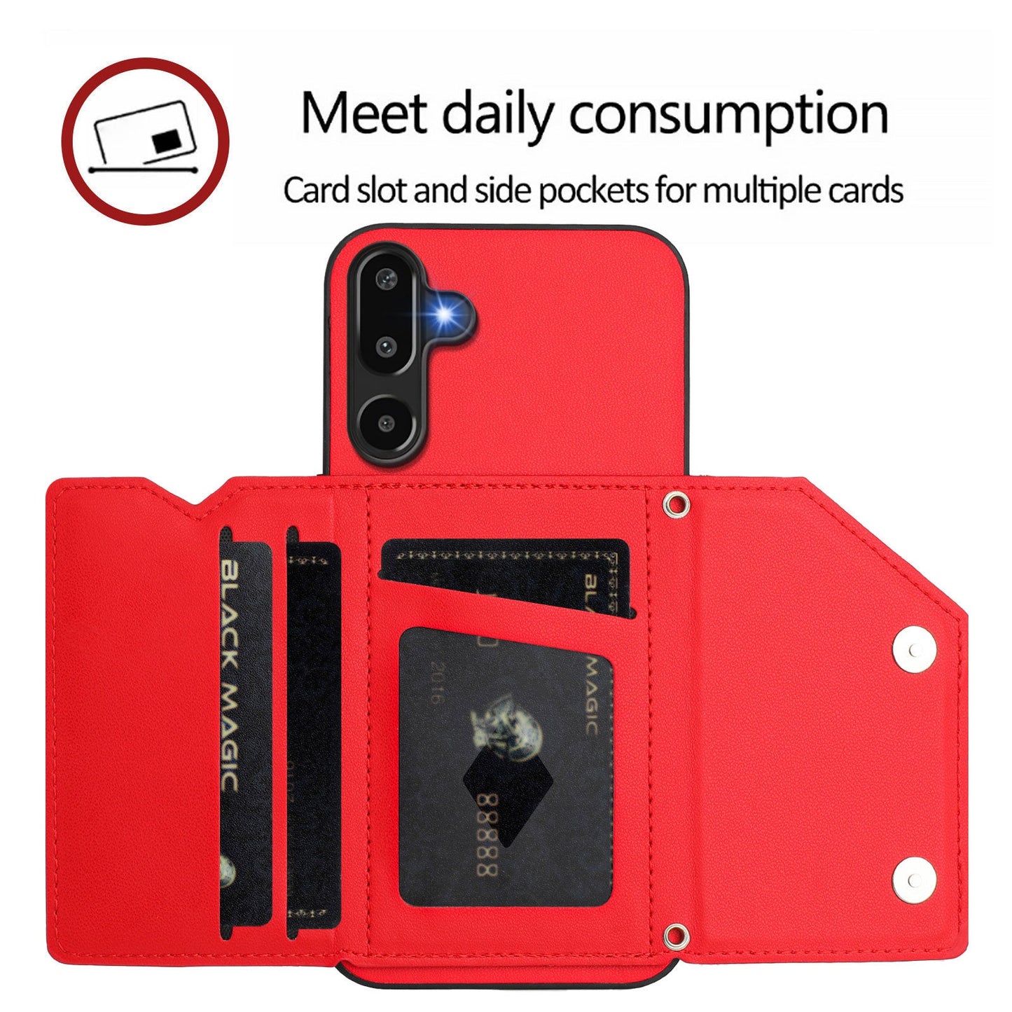 For Samsung Galaxy F16 5G / Galaxy M16 5G Case Card Holder Kickstand Skin-Touch Phone Cover with Wrist Strap - Red
