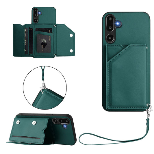 For Samsung Galaxy F16 5G / Galaxy M16 5G Case Card Holder Kickstand Skin-Touch Phone Cover with Wrist Strap - Green