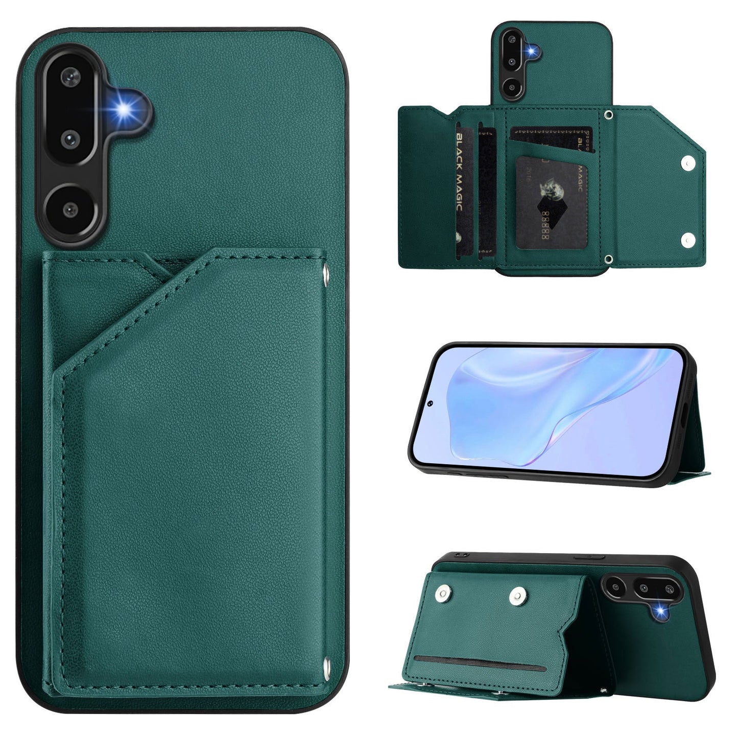 For Samsung Galaxy F16 5G / Galaxy M16 5G Case Card Holder Kickstand Skin-Touch Phone Cover with Wrist Strap - Green