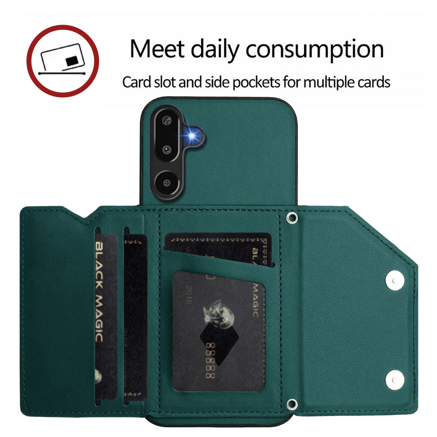 For Samsung Galaxy F16 5G / Galaxy M16 5G Case Card Holder Kickstand Skin-Touch Phone Cover with Wrist Strap - Green