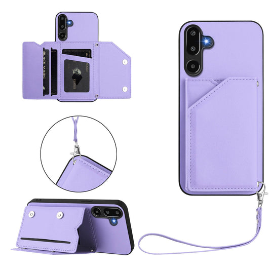 For Samsung Galaxy F16 5G / Galaxy M16 5G Case Card Holder Kickstand Skin-Touch Phone Cover with Wrist Strap - Light Purple