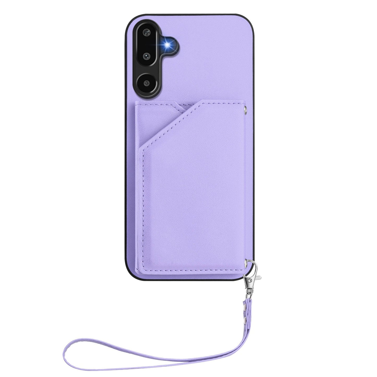 For Samsung Galaxy F16 5G / Galaxy M16 5G Case Card Holder Kickstand Skin-Touch Phone Cover with Wrist Strap - Light Purple