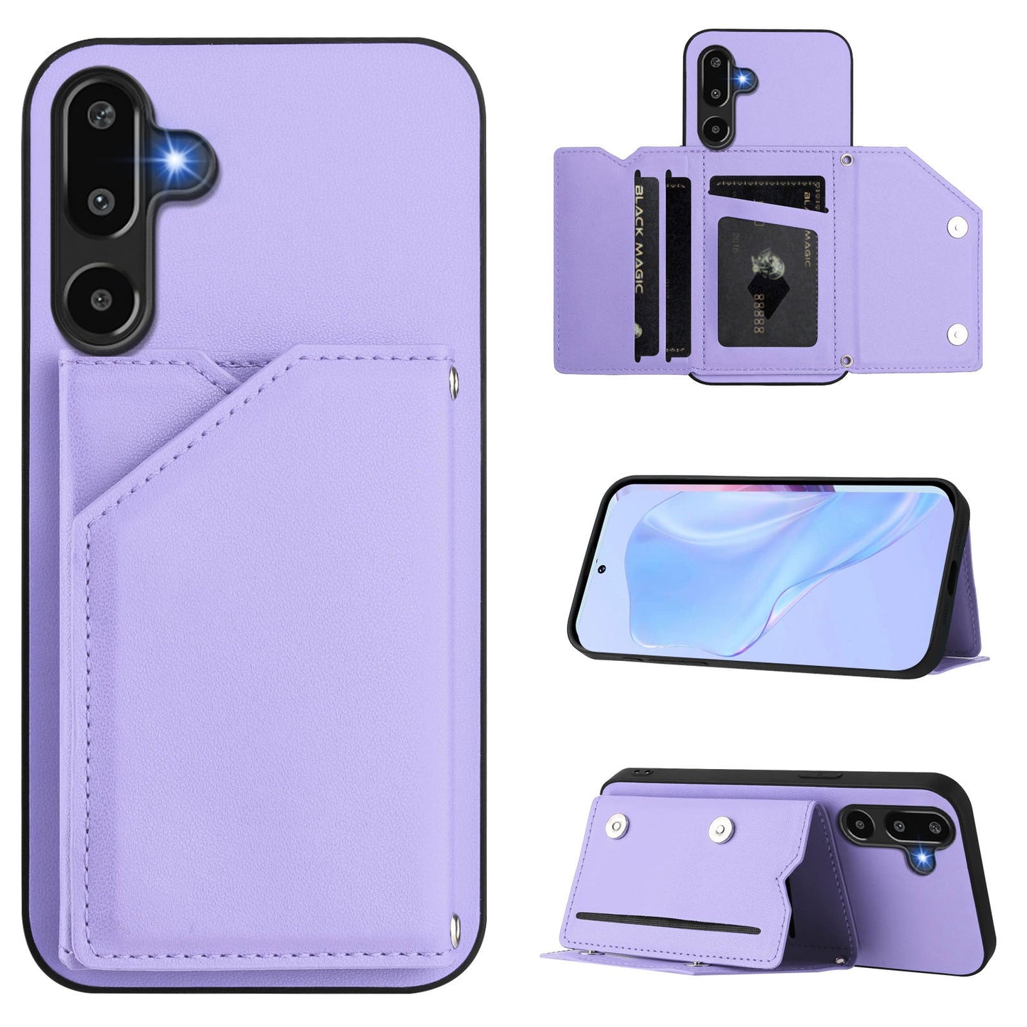 For Samsung Galaxy F16 5G / Galaxy M16 5G Case Card Holder Kickstand Skin-Touch Phone Cover with Wrist Strap - Light Purple
