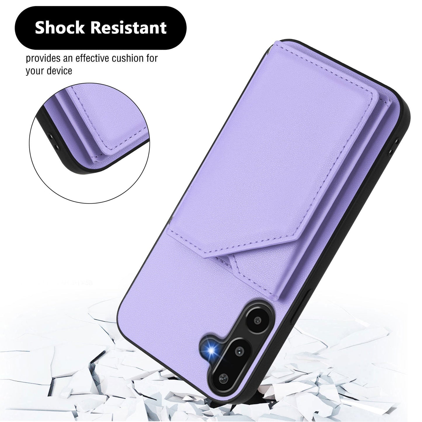 For Samsung Galaxy F16 5G / Galaxy M16 5G Case Card Holder Kickstand Skin-Touch Phone Cover with Wrist Strap - Light Purple