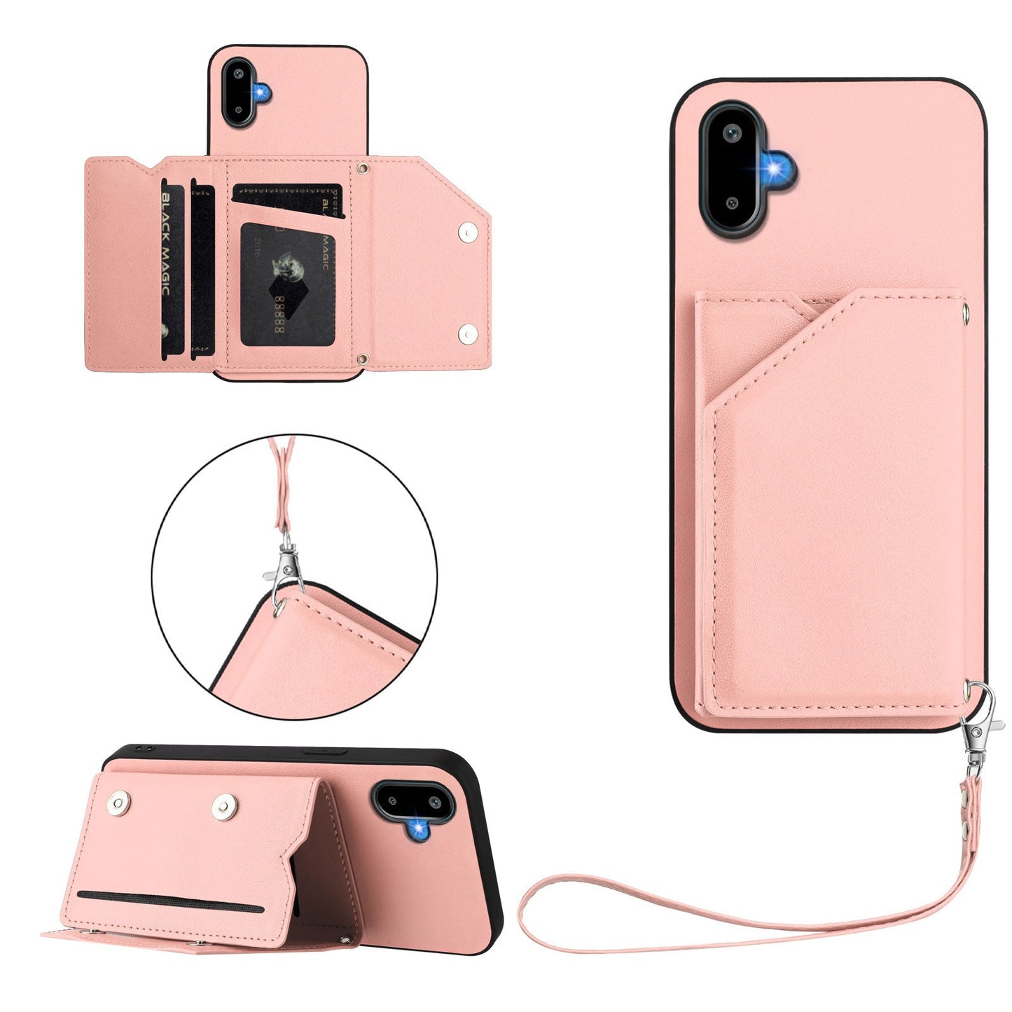 For Samsung Galaxy M06 5G / Galaxy F06 5G Case Card Holder Kickstand Skin-Touch Phone Cover with Wrist Strap - Pink