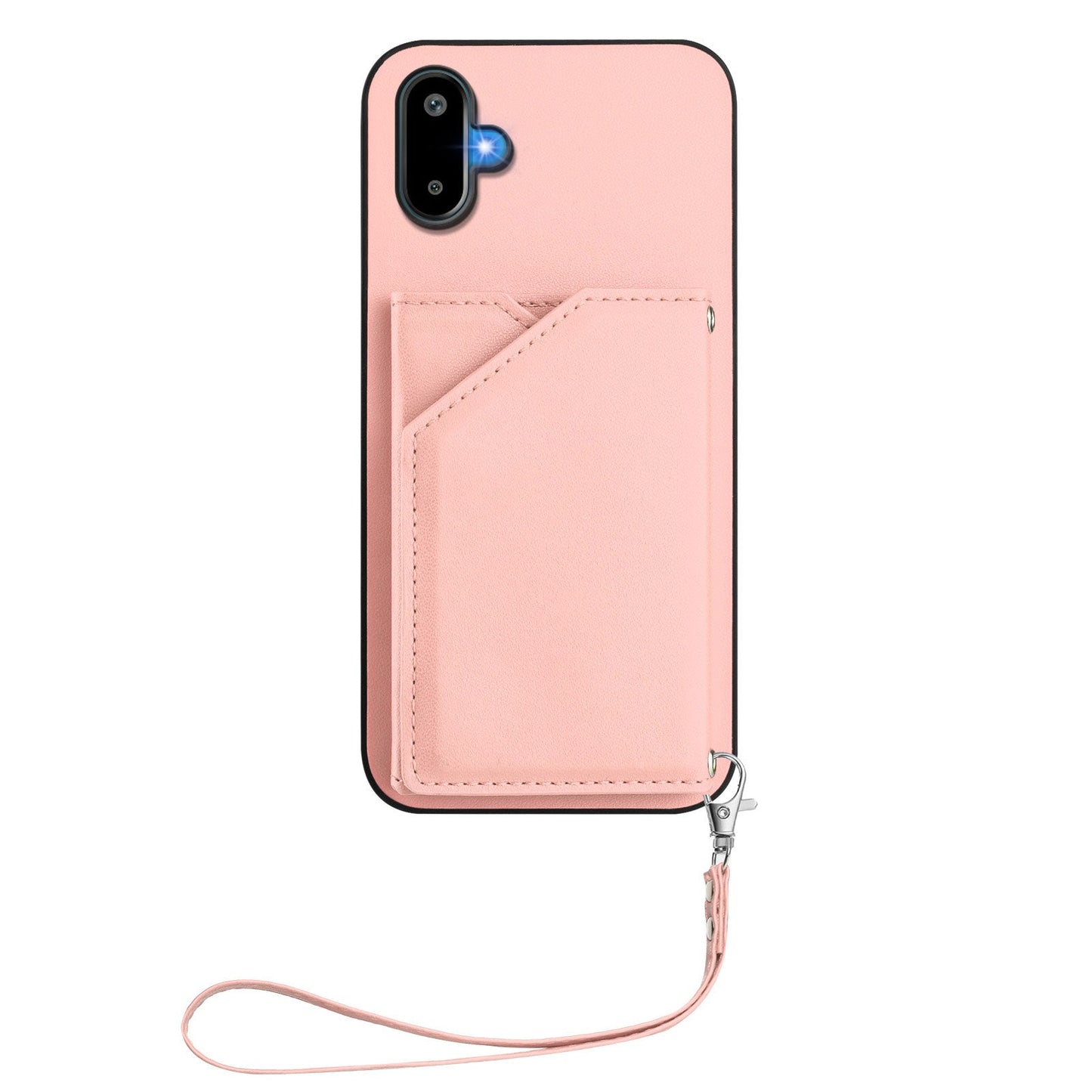 For Samsung Galaxy M06 5G / Galaxy F06 5G Case Card Holder Kickstand Skin-Touch Phone Cover with Wrist Strap - Pink