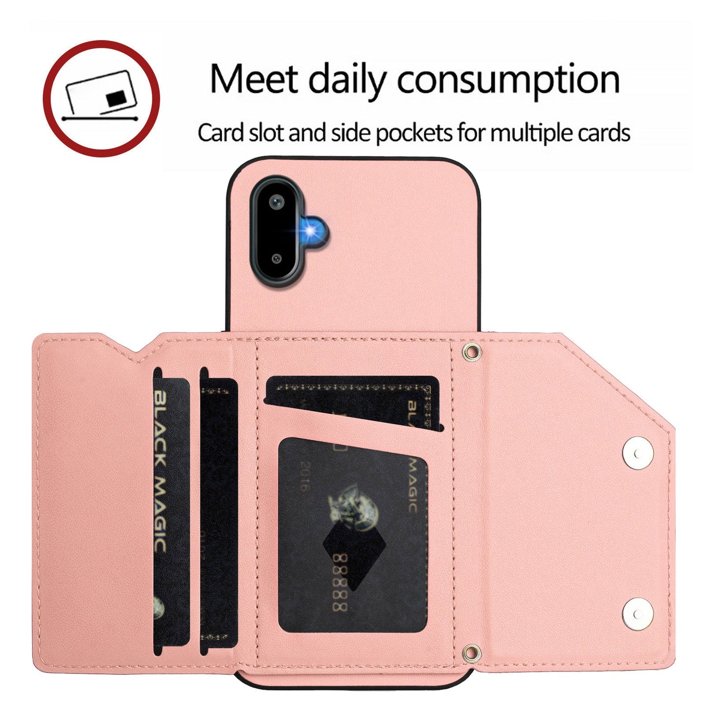 For Samsung Galaxy M06 5G / Galaxy F06 5G Case Card Holder Kickstand Skin-Touch Phone Cover with Wrist Strap - Pink