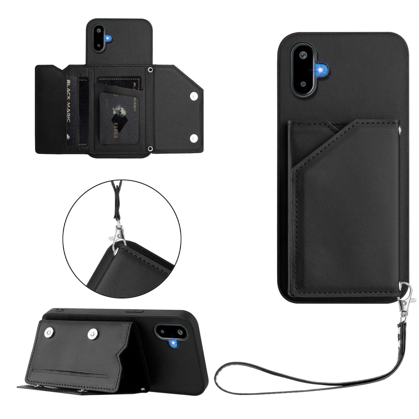 For Samsung Galaxy M06 5G / Galaxy F06 5G Case Card Holder Kickstand Skin-Touch Phone Cover with Wrist Strap - Black