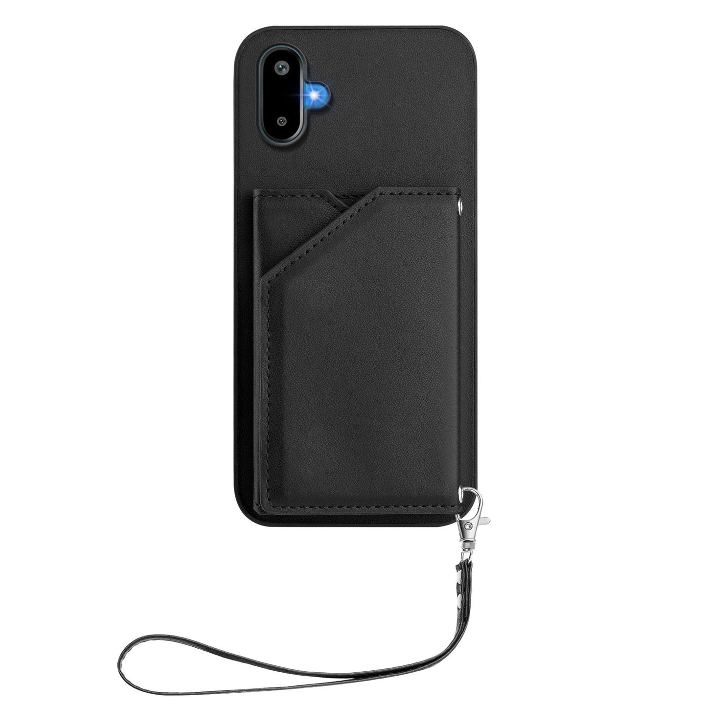 For Samsung Galaxy M06 5G / Galaxy F06 5G Case Card Holder Kickstand Skin-Touch Phone Cover with Wrist Strap - Black