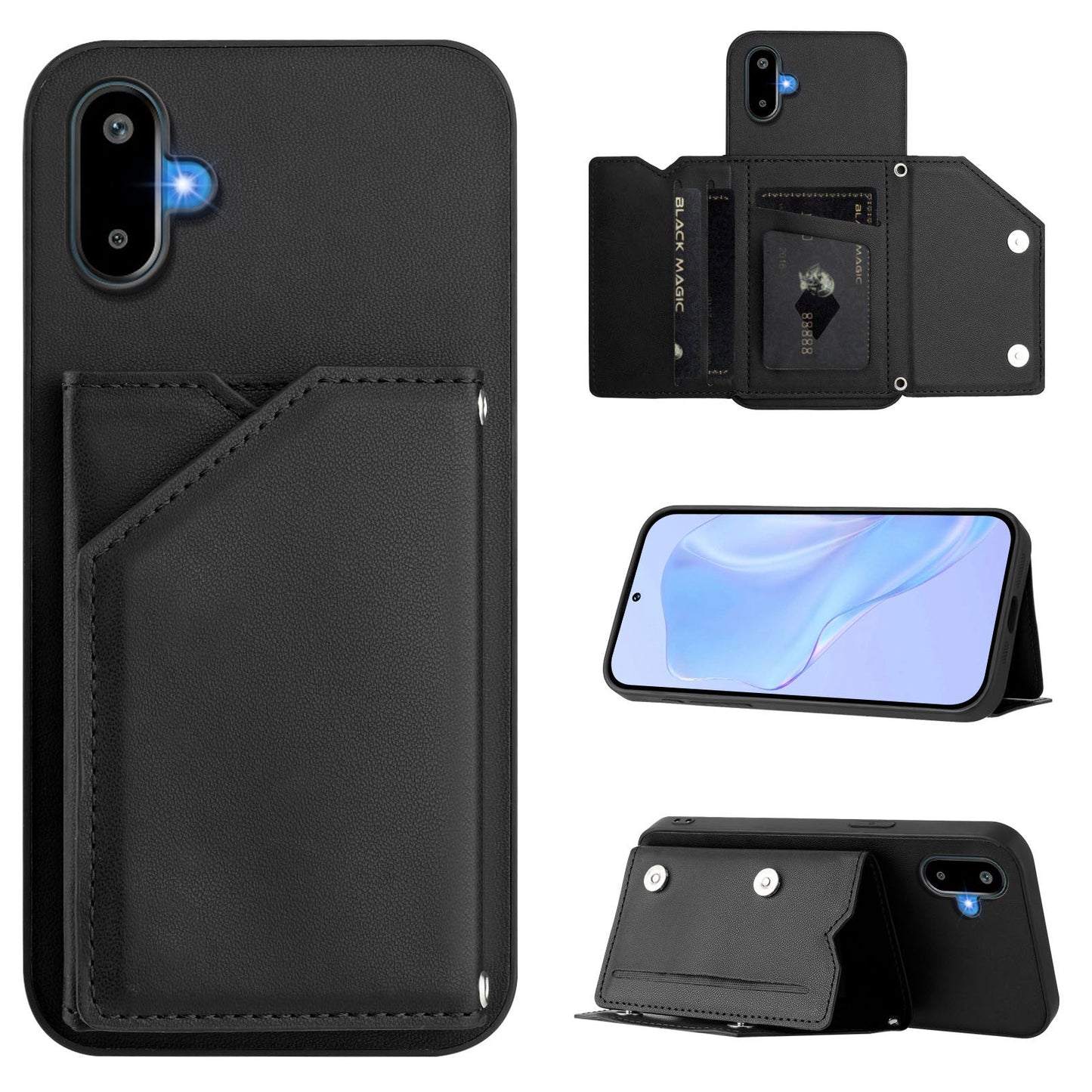 For Samsung Galaxy M06 5G / Galaxy F06 5G Case Card Holder Kickstand Skin-Touch Phone Cover with Wrist Strap - Black