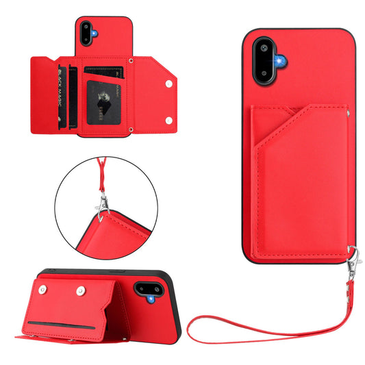 For Samsung Galaxy M06 5G / Galaxy F06 5G Case Card Holder Kickstand Skin-Touch Phone Cover with Wrist Strap - Red