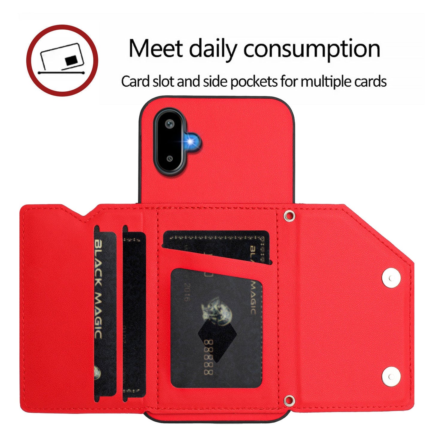 For Samsung Galaxy M06 5G / Galaxy F06 5G Case Card Holder Kickstand Skin-Touch Phone Cover with Wrist Strap - Red