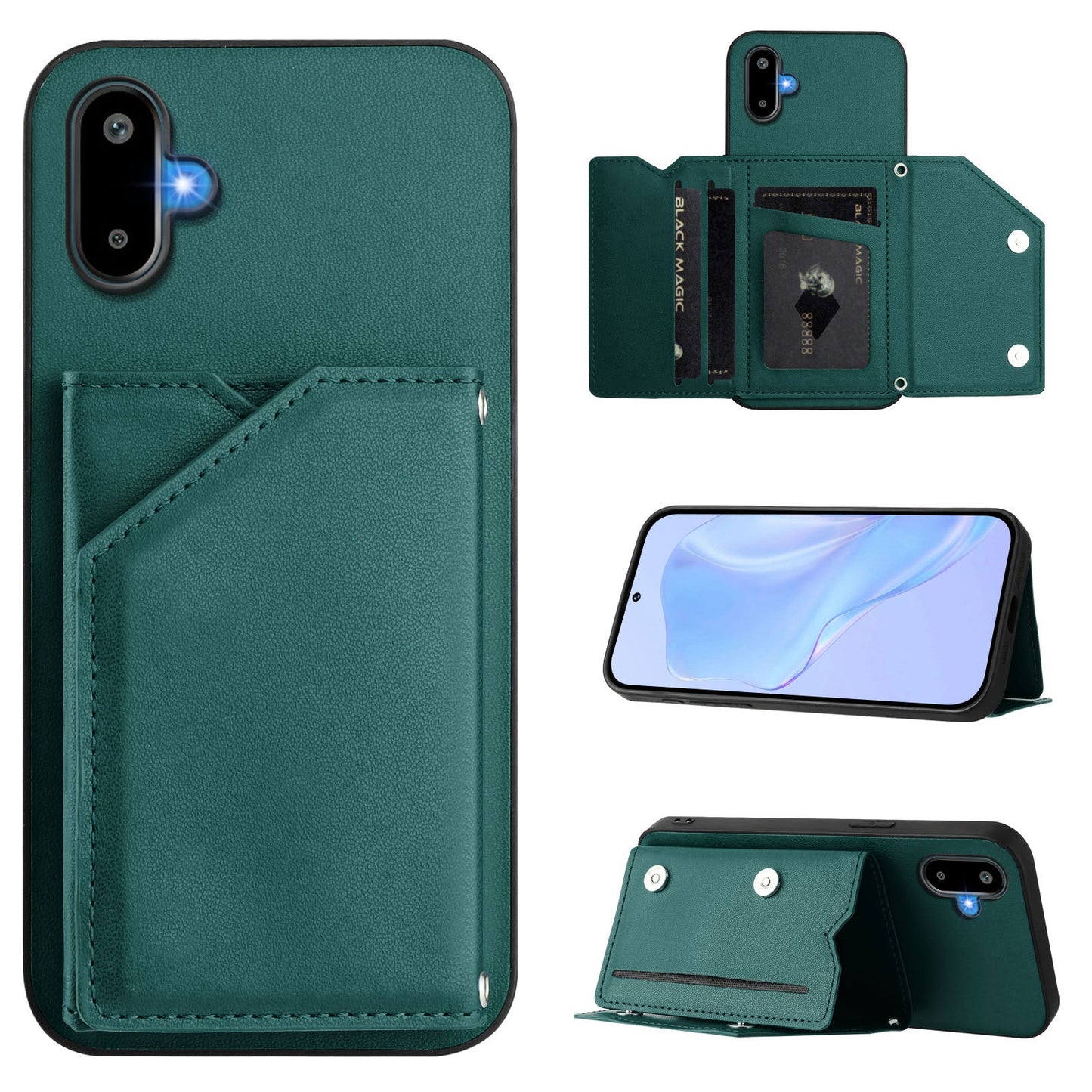For Samsung Galaxy M06 5G / Galaxy F06 5G Case Card Holder Kickstand Skin-Touch Phone Cover with Wrist Strap - Green