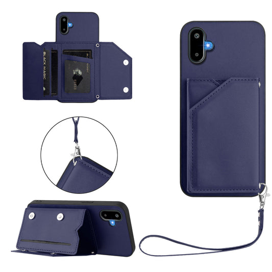 For Samsung Galaxy M06 5G / Galaxy F06 5G Case Card Holder Kickstand Skin-Touch Phone Cover with Wrist Strap - Blue