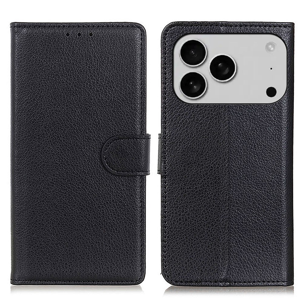For iPhone 17 Pro Max Wallet Case PU Leather Phone Cover Litchi Texture - Black