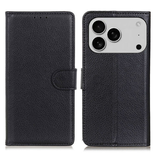 For iPhone 17 Pro Max Wallet Case PU Leather Phone Cover Litchi Texture - Black