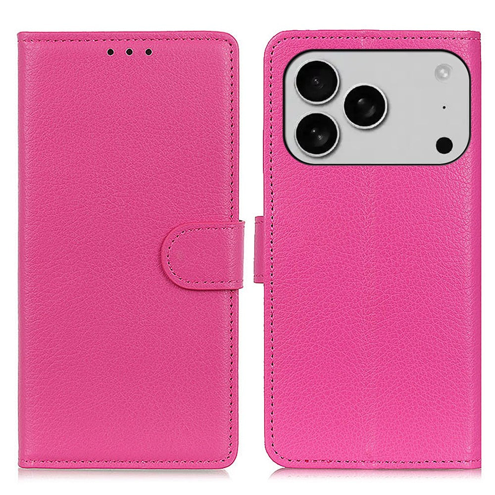 For iPhone 17 Pro Max Wallet Case PU Leather Phone Cover Litchi Texture - Rose