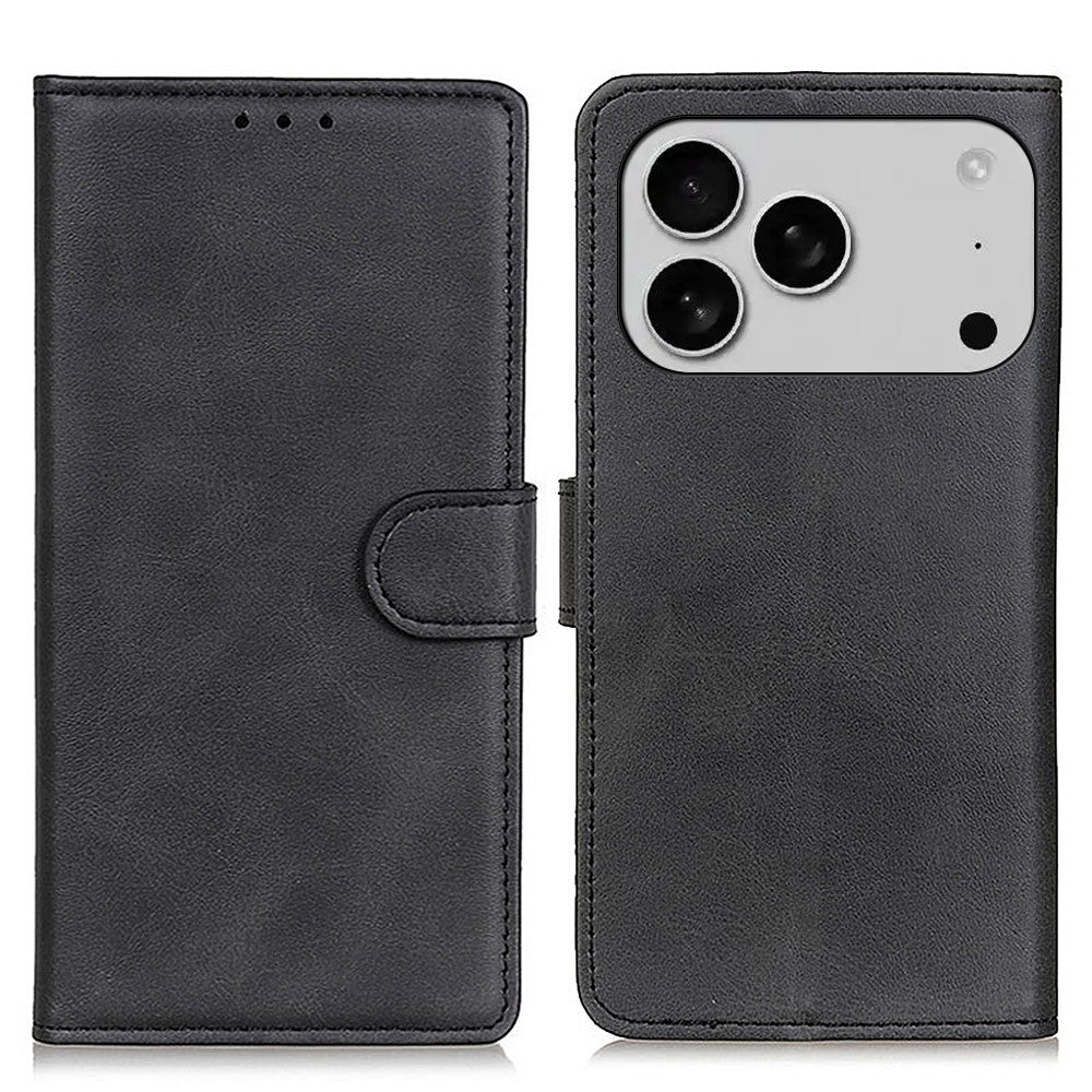 For iPhone 17 Pro Max Case Cowhide Texture Leather Wallet Stand Phone Cover - Black