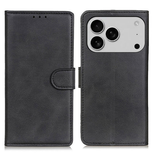 For iPhone 17 Pro Max Case Cowhide Texture Leather Wallet Stand Phone Cover - Black