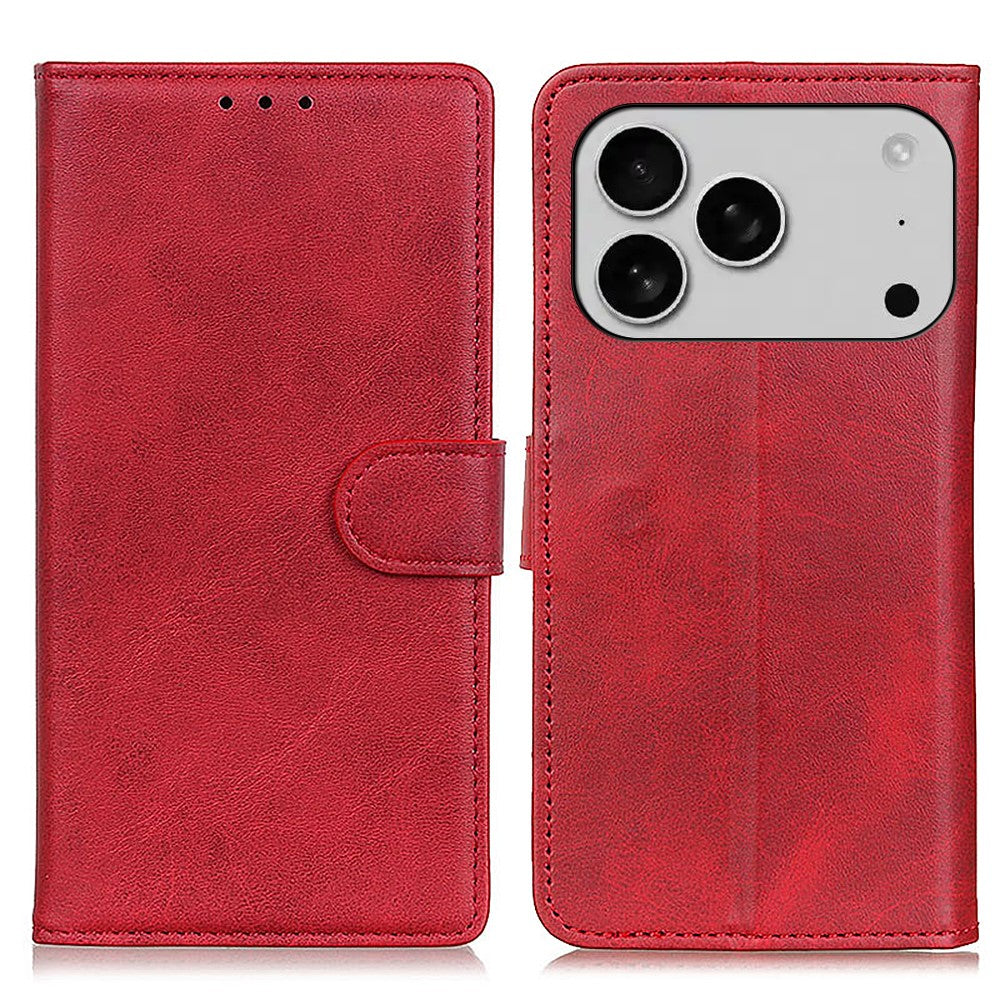For iPhone 17 Pro Max Case Cowhide Texture Leather Wallet Stand Phone Cover - Red