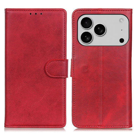 For iPhone 17 Pro Max Case Cowhide Texture Leather Wallet Stand Phone Cover - Red
