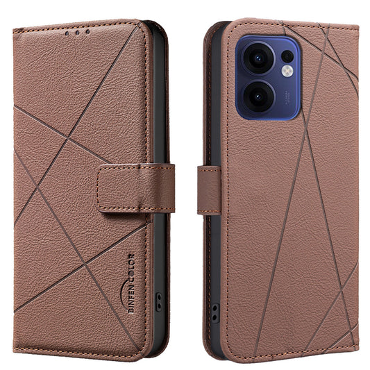 For Oppo Reno13 F 5G Case BINFEN COLOR BF35 Geometry Imprinted Leather Phone Cover RFID Blocking Wallet Stand - Brown