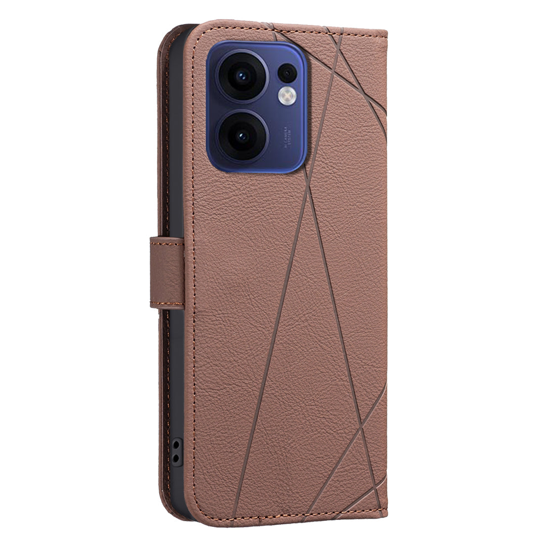 For Oppo Reno13 F 5G Case BINFEN COLOR BF35 Geometry Imprinted Leather Phone Cover RFID Blocking Wallet Stand - Brown
