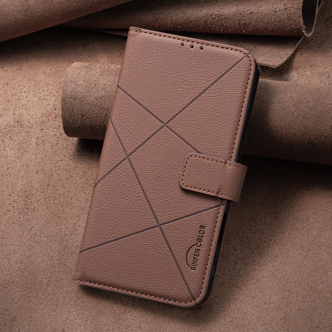 For Oppo Reno13 F 5G Case BINFEN COLOR BF35 Geometry Imprinted Leather Phone Cover RFID Blocking Wallet Stand - Brown
