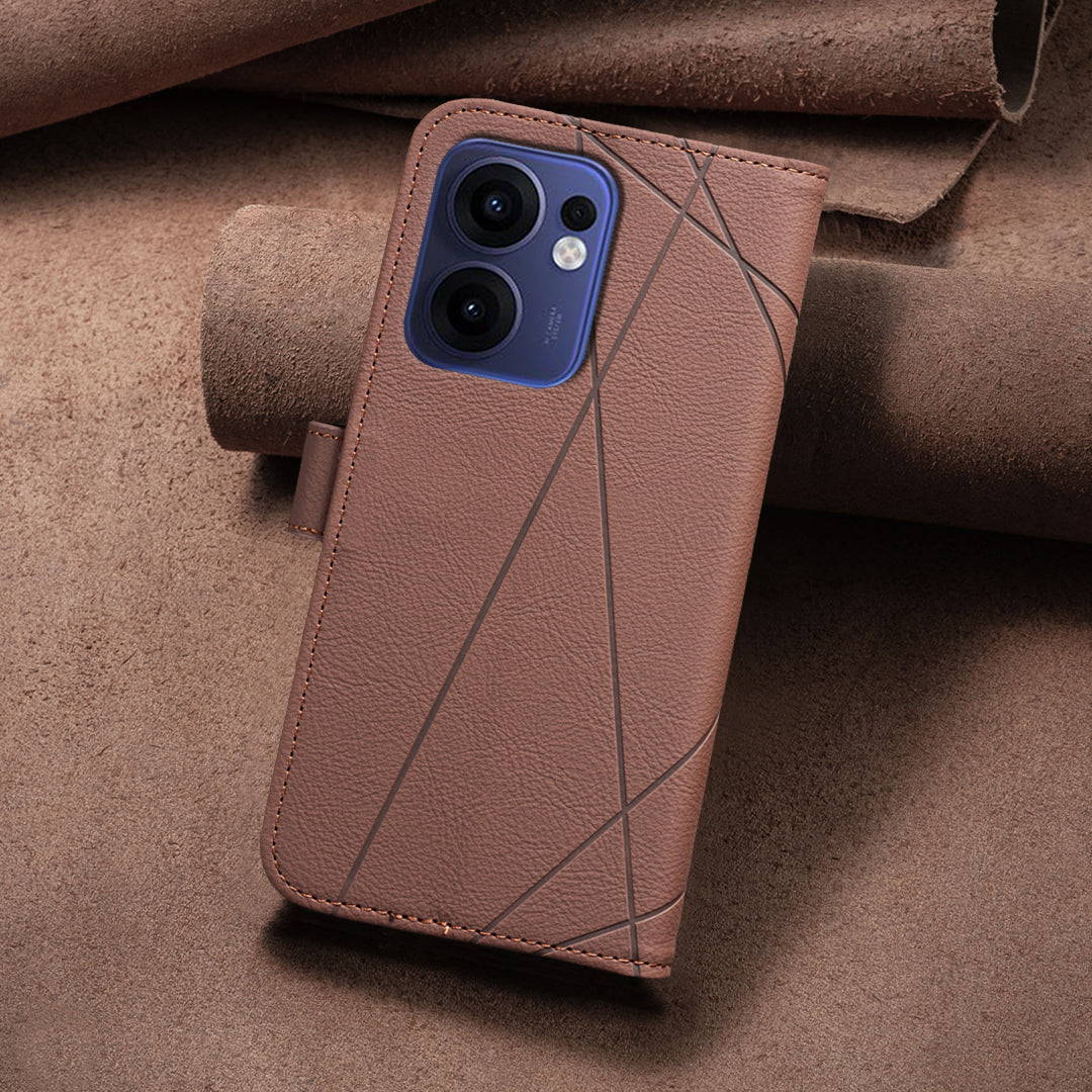 For Oppo Reno13 F 5G Case BINFEN COLOR BF35 Geometry Imprinted Leather Phone Cover RFID Blocking Wallet Stand - Brown