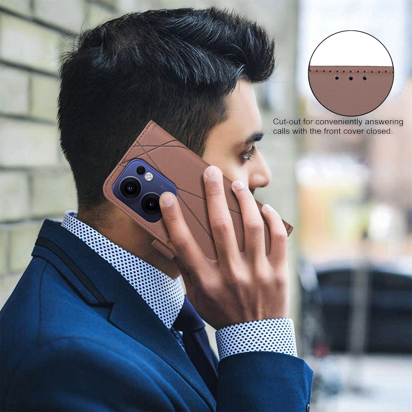 For Oppo Reno13 F 5G Case BINFEN COLOR BF35 Geometry Imprinted Leather Phone Cover RFID Blocking Wallet Stand - Brown