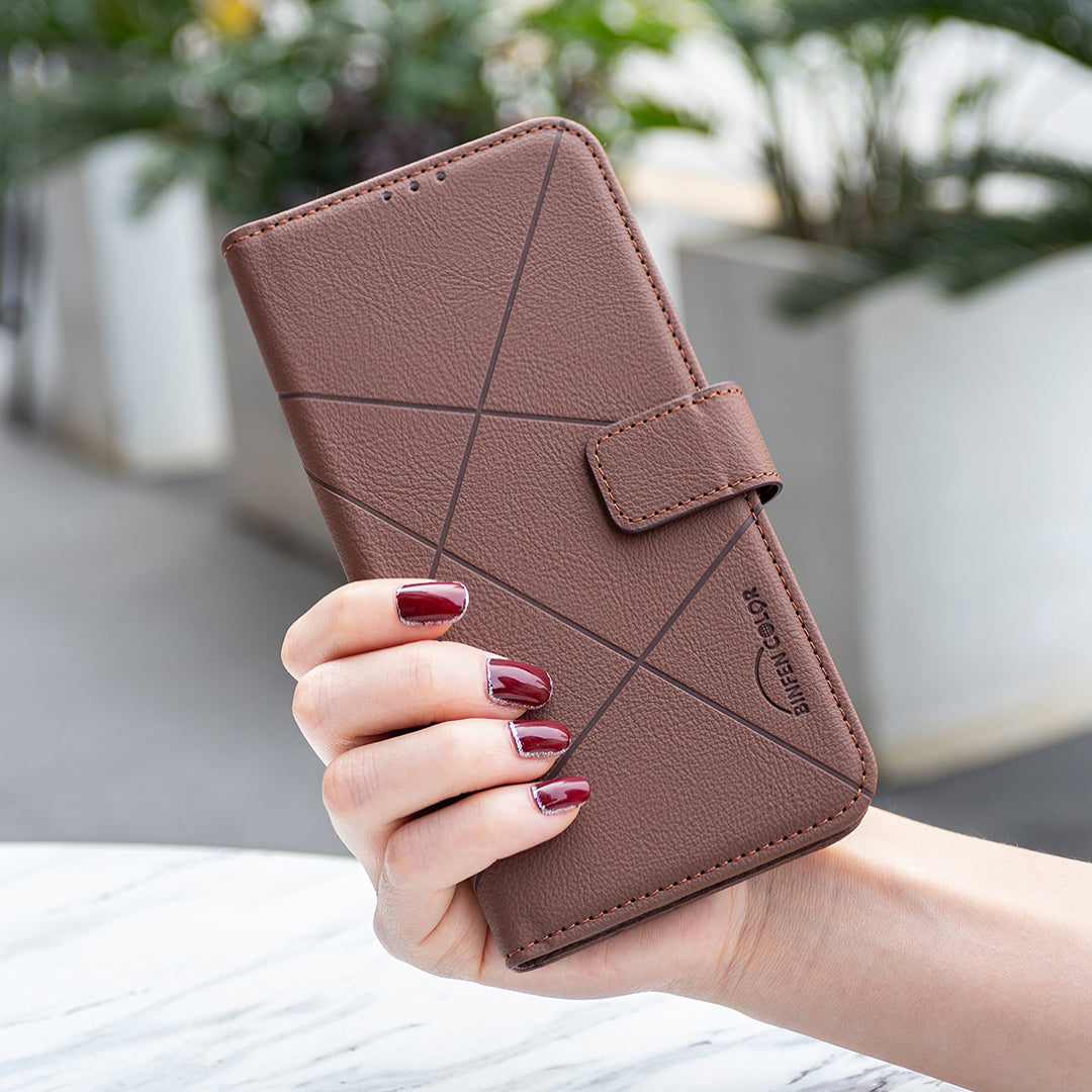 For Oppo Reno13 F 5G Case BINFEN COLOR BF35 Geometry Imprinted Leather Phone Cover RFID Blocking Wallet Stand - Brown