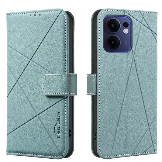 For Oppo Reno13 F 5G Case BINFEN COLOR BF35 Geometry Imprinted Leather Phone Cover RFID Blocking Wallet Stand - Green