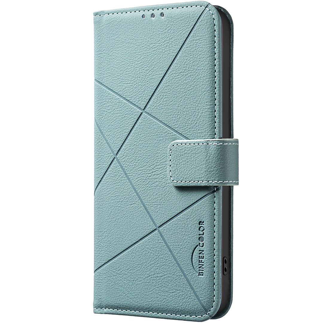 For Oppo Reno13 F 5G Case BINFEN COLOR BF35 Geometry Imprinted Leather Phone Cover RFID Blocking Wallet Stand - Green
