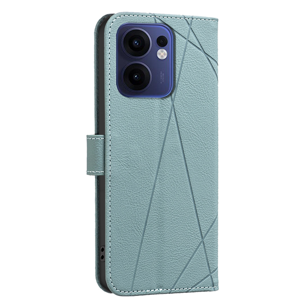 For Oppo Reno13 F 5G Case BINFEN COLOR BF35 Geometry Imprinted Leather Phone Cover RFID Blocking Wallet Stand - Green