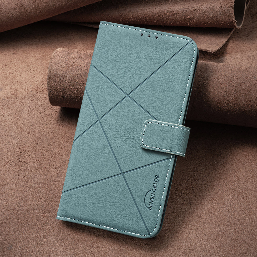 For Oppo Reno13 F 5G Case BINFEN COLOR BF35 Geometry Imprinted Leather Phone Cover RFID Blocking Wallet Stand - Green