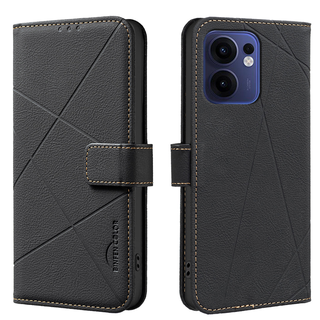 For Oppo Reno13 F 5G Case BINFEN COLOR BF35 Geometry Imprinted Leather Phone Cover RFID Blocking Wallet Stand - Black