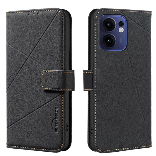 For Oppo Reno13 F 5G Case BINFEN COLOR BF35 Geometry Imprinted Leather Phone Cover RFID Blocking Wallet Stand - Black