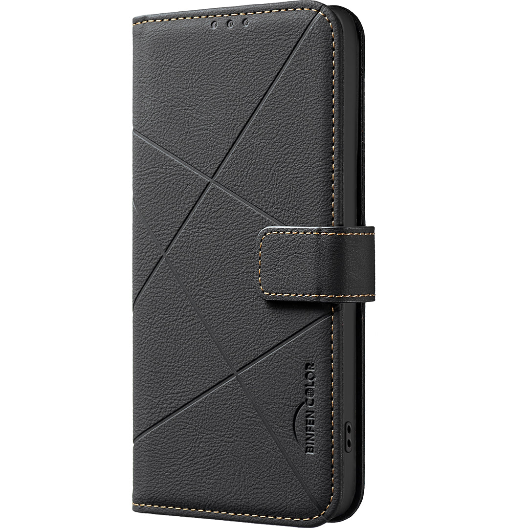 For Oppo Reno13 F 5G Case BINFEN COLOR BF35 Geometry Imprinted Leather Phone Cover RFID Blocking Wallet Stand - Black