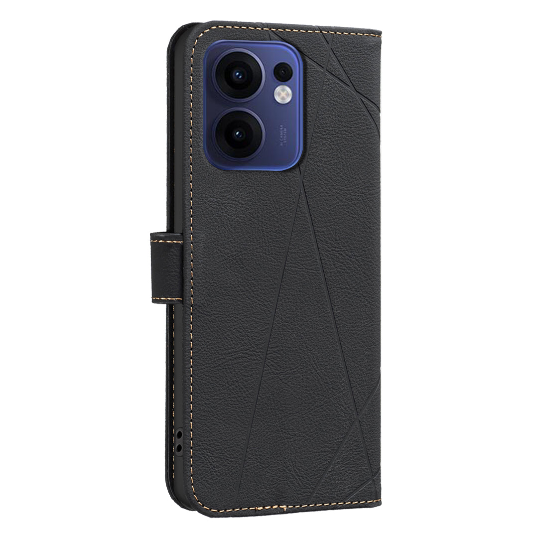 For Oppo Reno13 F 5G Case BINFEN COLOR BF35 Geometry Imprinted Leather Phone Cover RFID Blocking Wallet Stand - Black