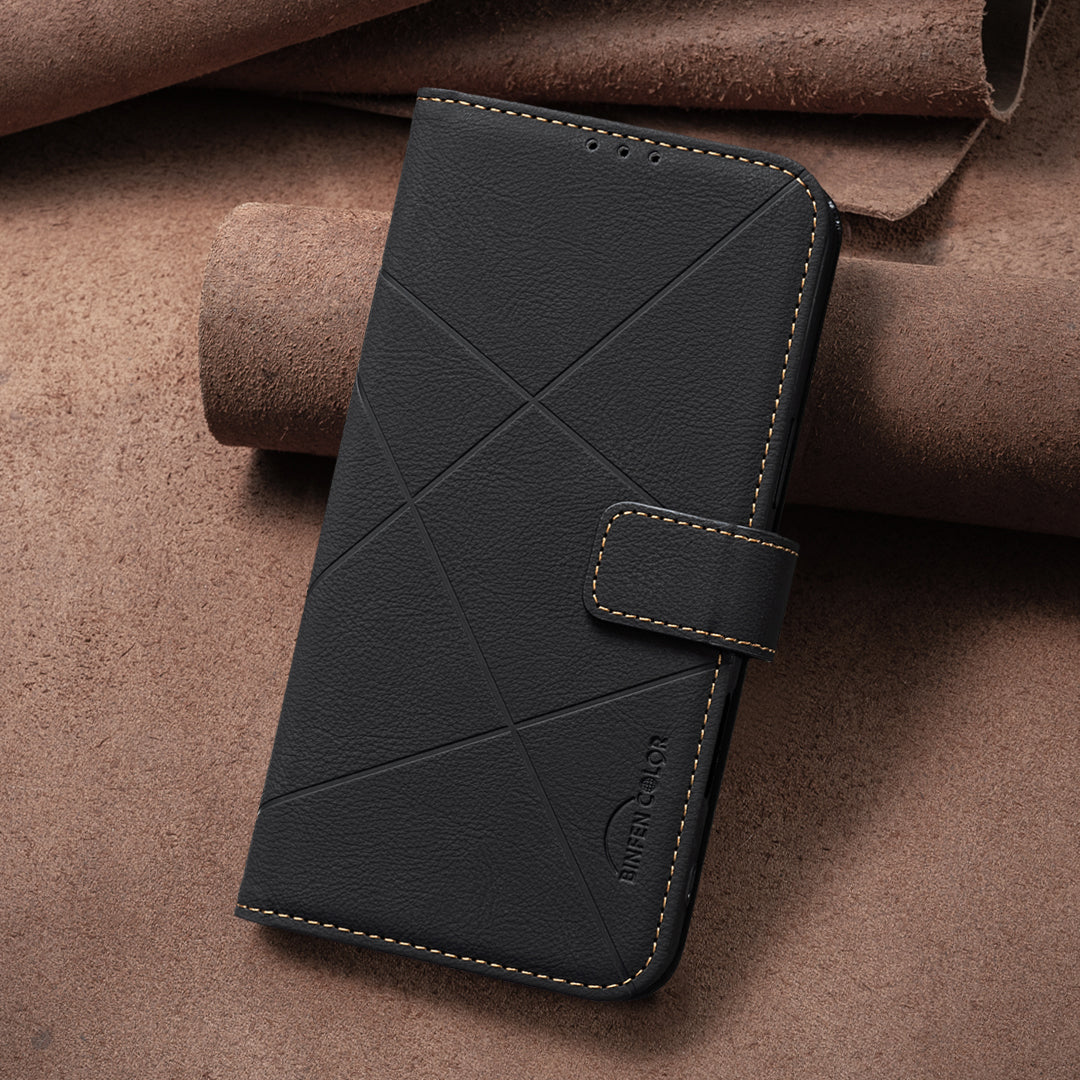 For Oppo Reno13 F 5G Case BINFEN COLOR BF35 Geometry Imprinted Leather Phone Cover RFID Blocking Wallet Stand - Black